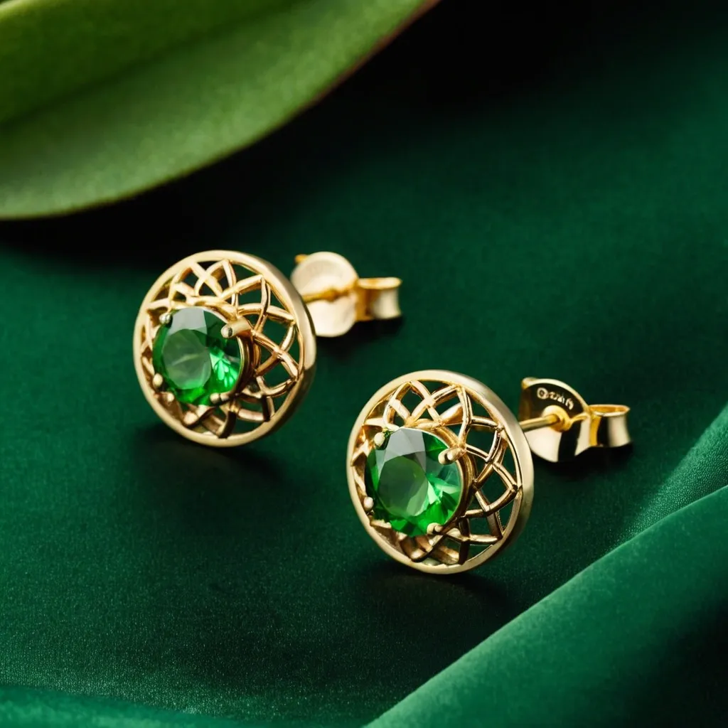 detailed photo of golden earrings with green gem