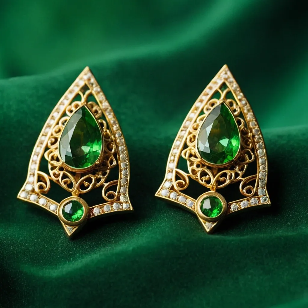 detailed photo of golden earrings with green gem