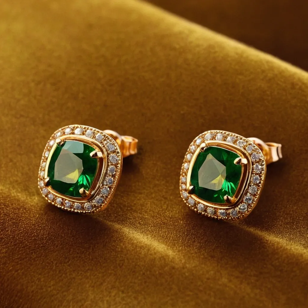 detailed photo of golden earrings with green gem