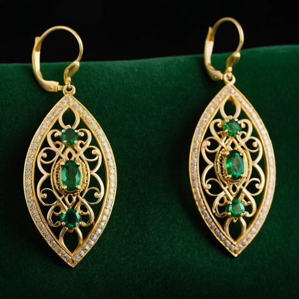detailed photo of golden earrings with green gem