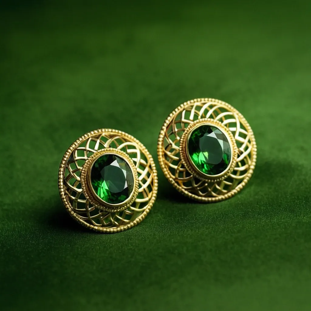 detailed photo of golden earrings with green gem