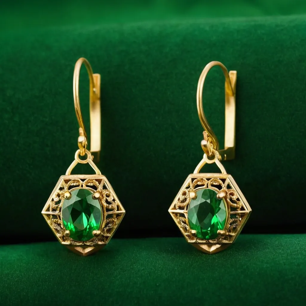 detailed photo of golden earrings with green gem