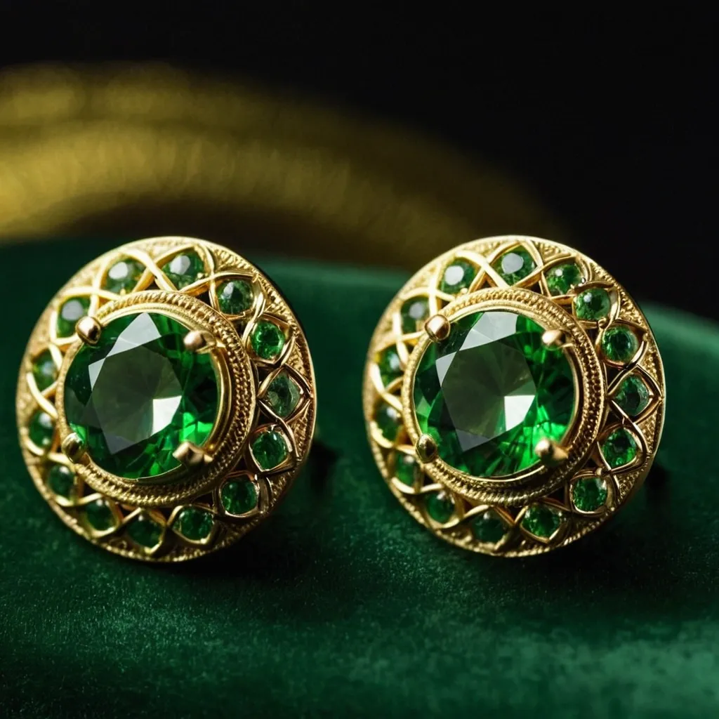 detailed photo of golden earrings with green gem