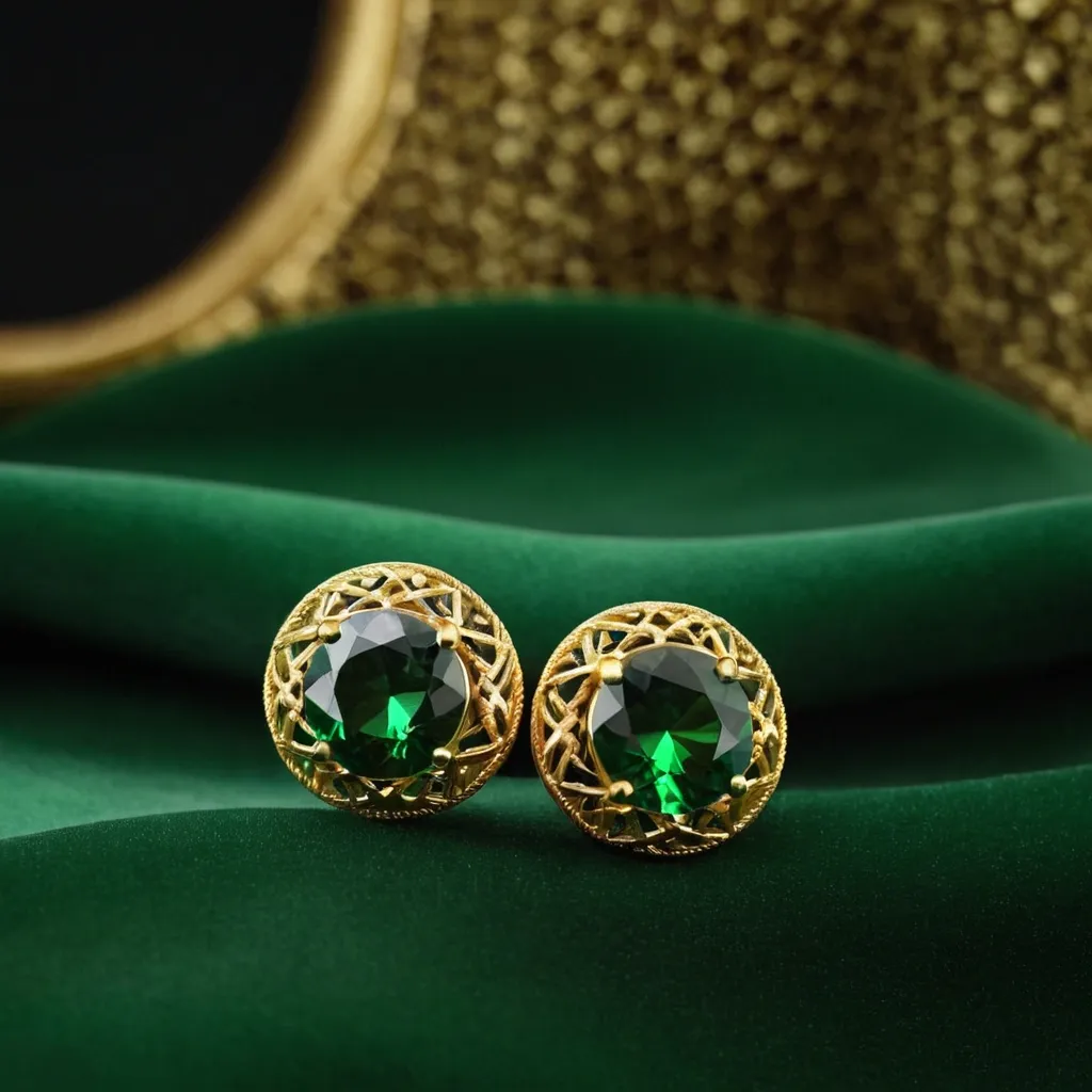 detailed photo of golden earrings with green gem