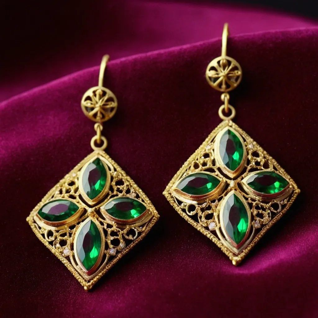 detailed photo of golden earrings with green gem