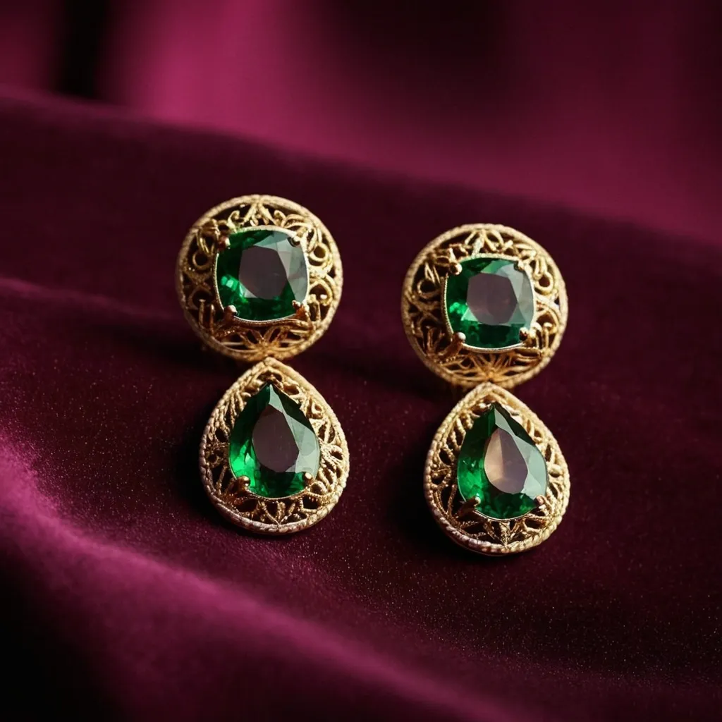 detailed photo of golden earrings with green gem