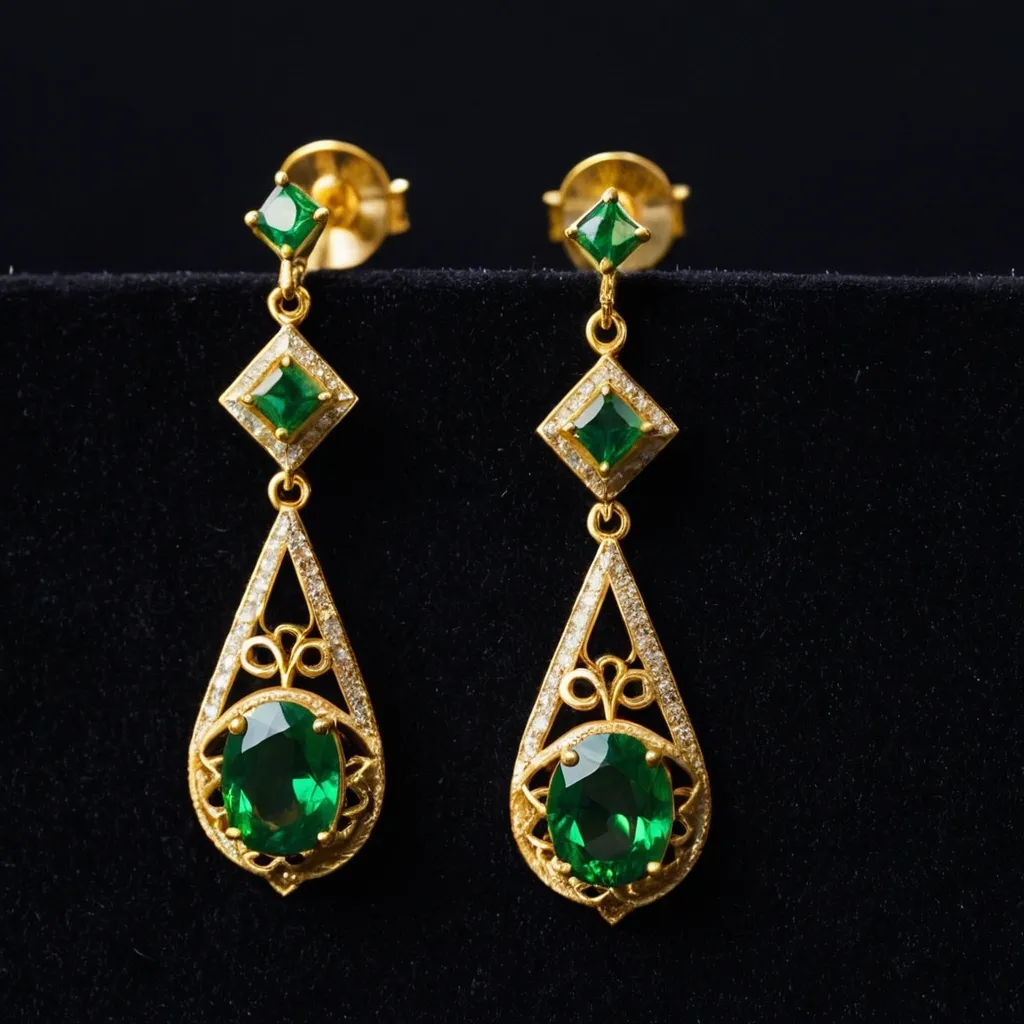 detailed photo of golden earrings with green gem