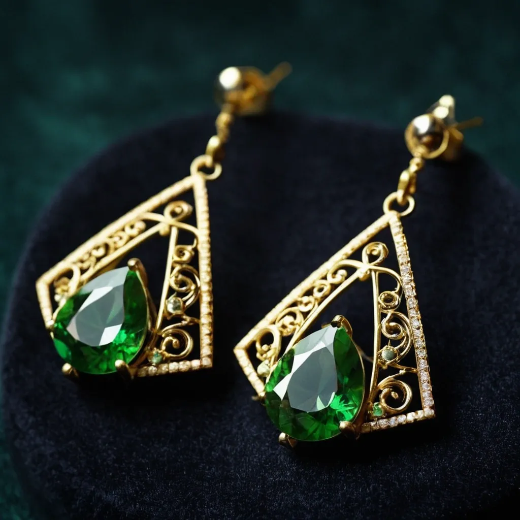 detailed photo of golden earrings with green gem