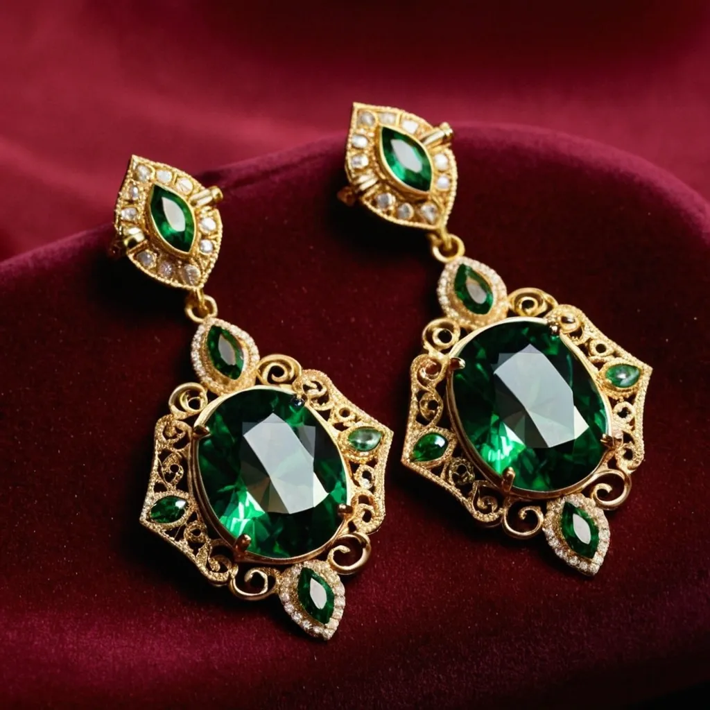 detailed photo of golden earrings with green gem