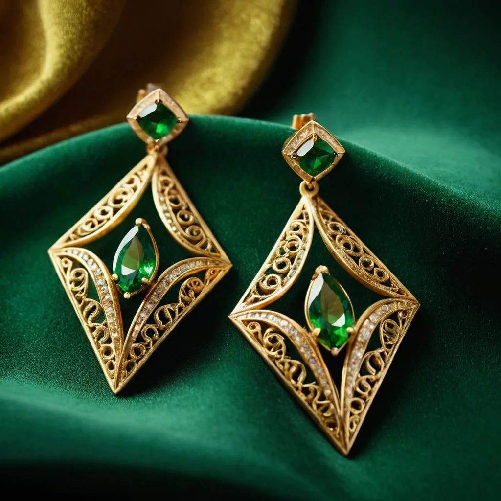 detailed photo of golden earrings with green gem
