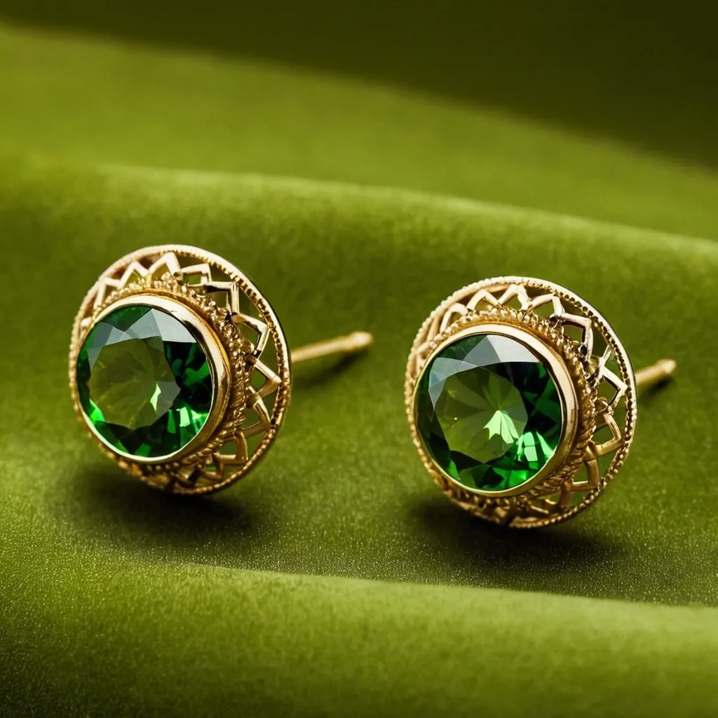 detailed photo of golden earrings with green gem