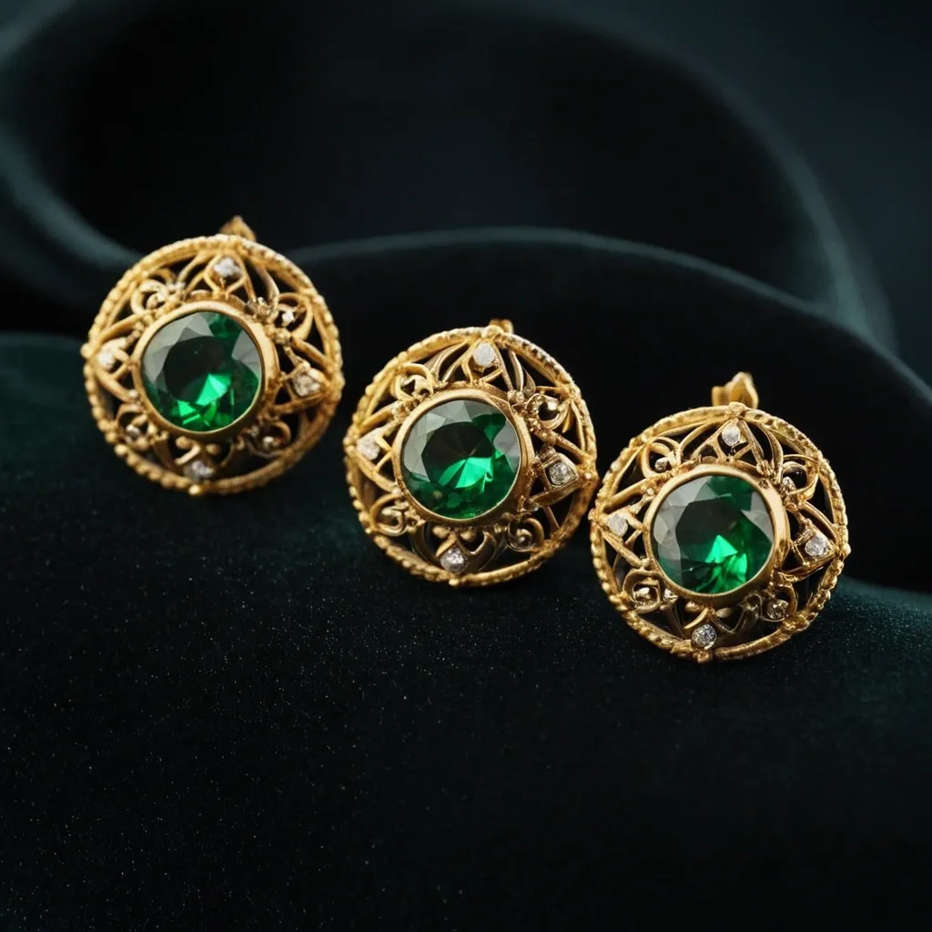 detailed photo of golden earrings with green gem
