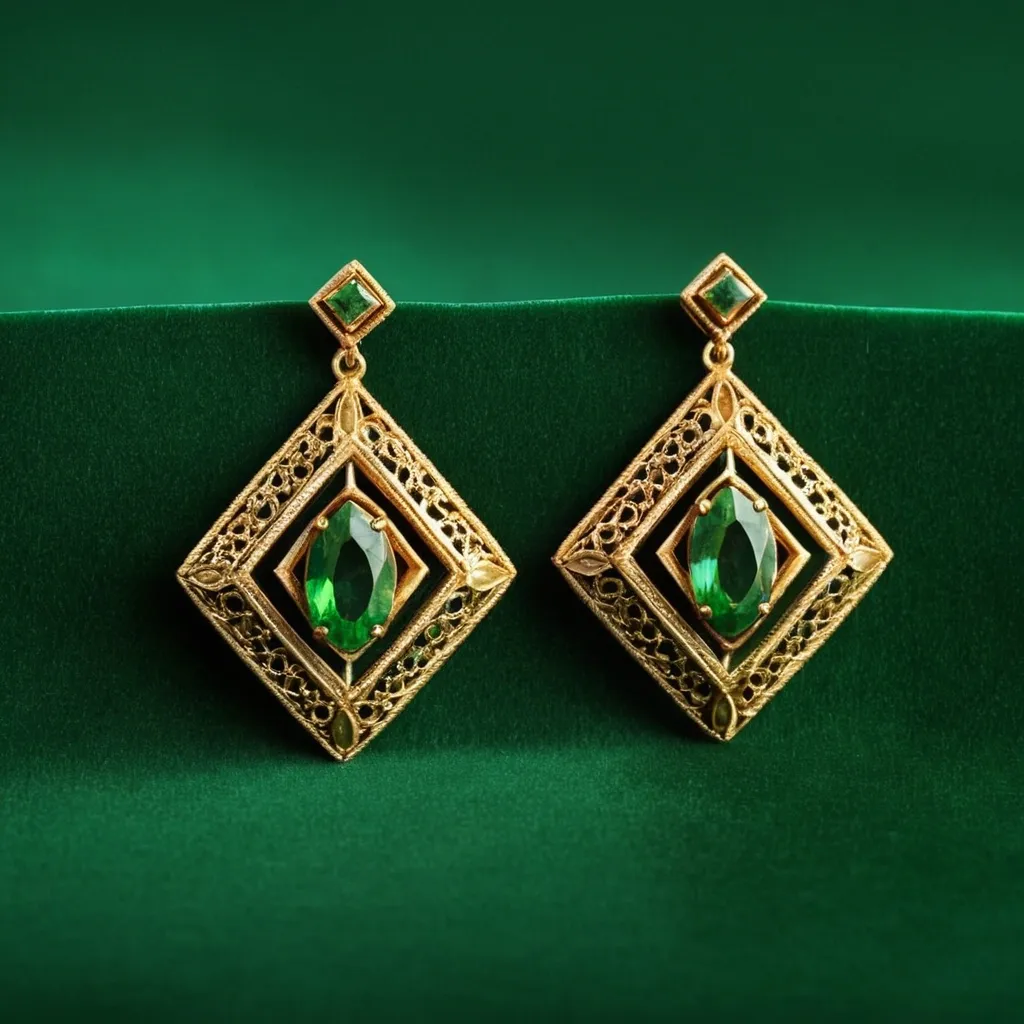 detailed photo of golden earrings with green gem