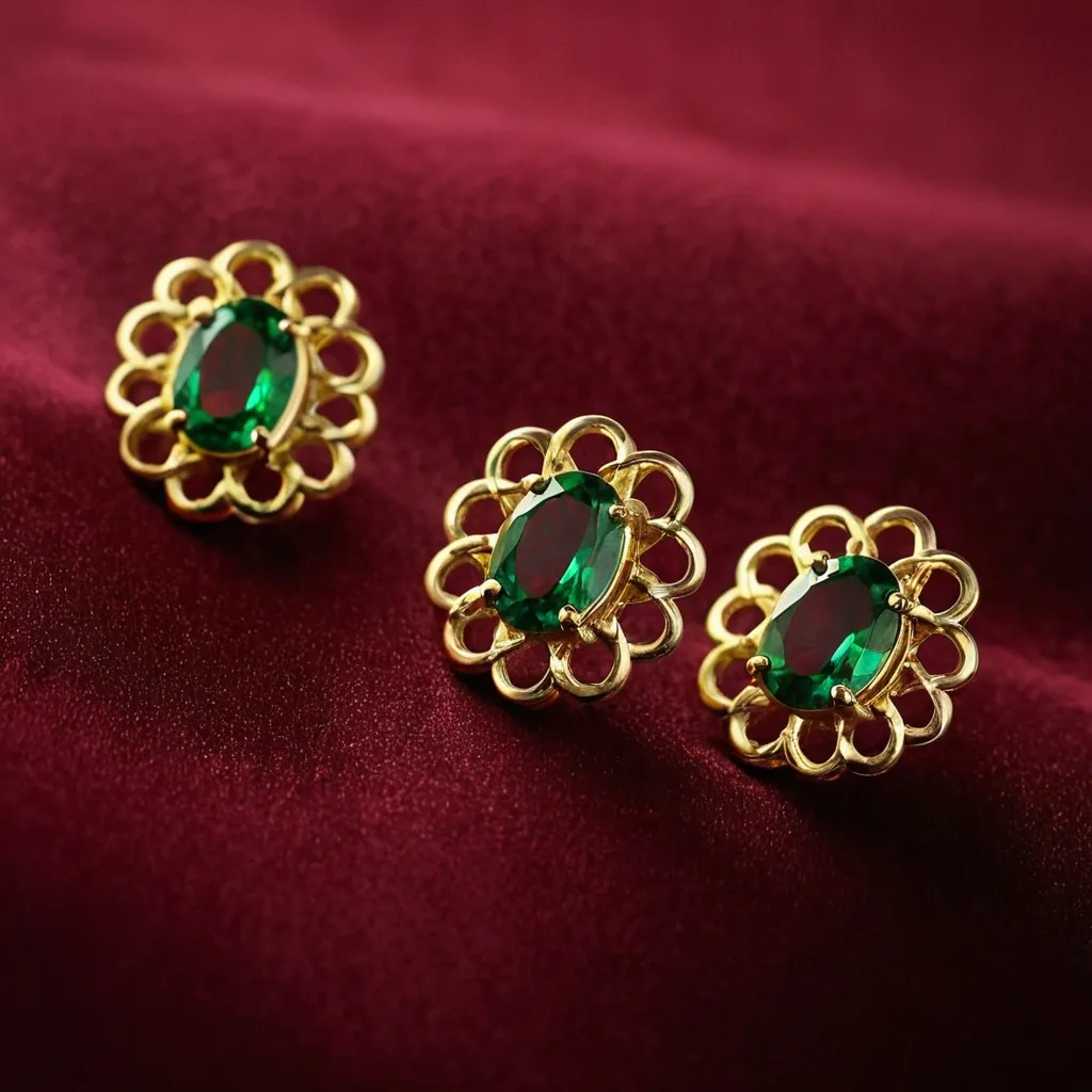 detailed photo of golden earrings with green gem