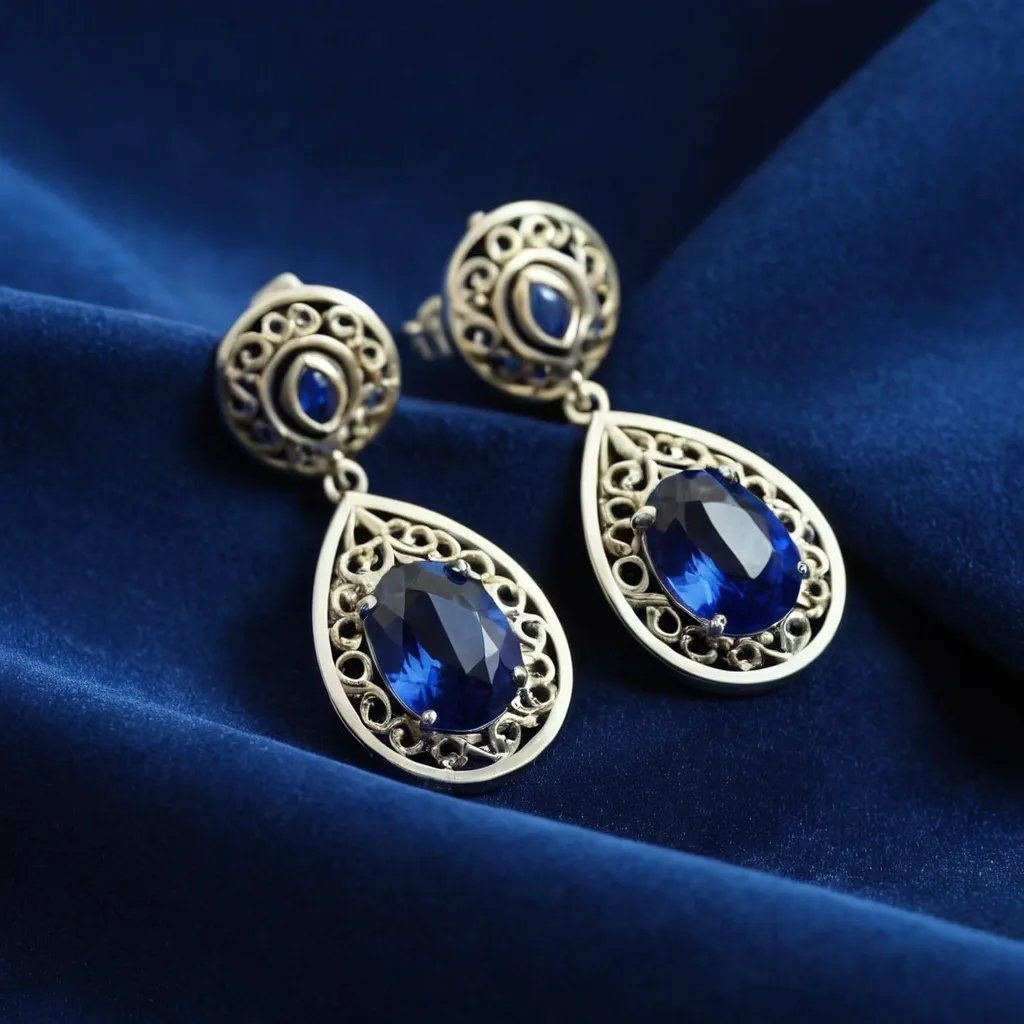 detailed photo of silver earrings with blue gem