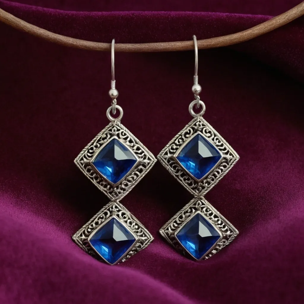 detailed photo of silver earrings with blue gem