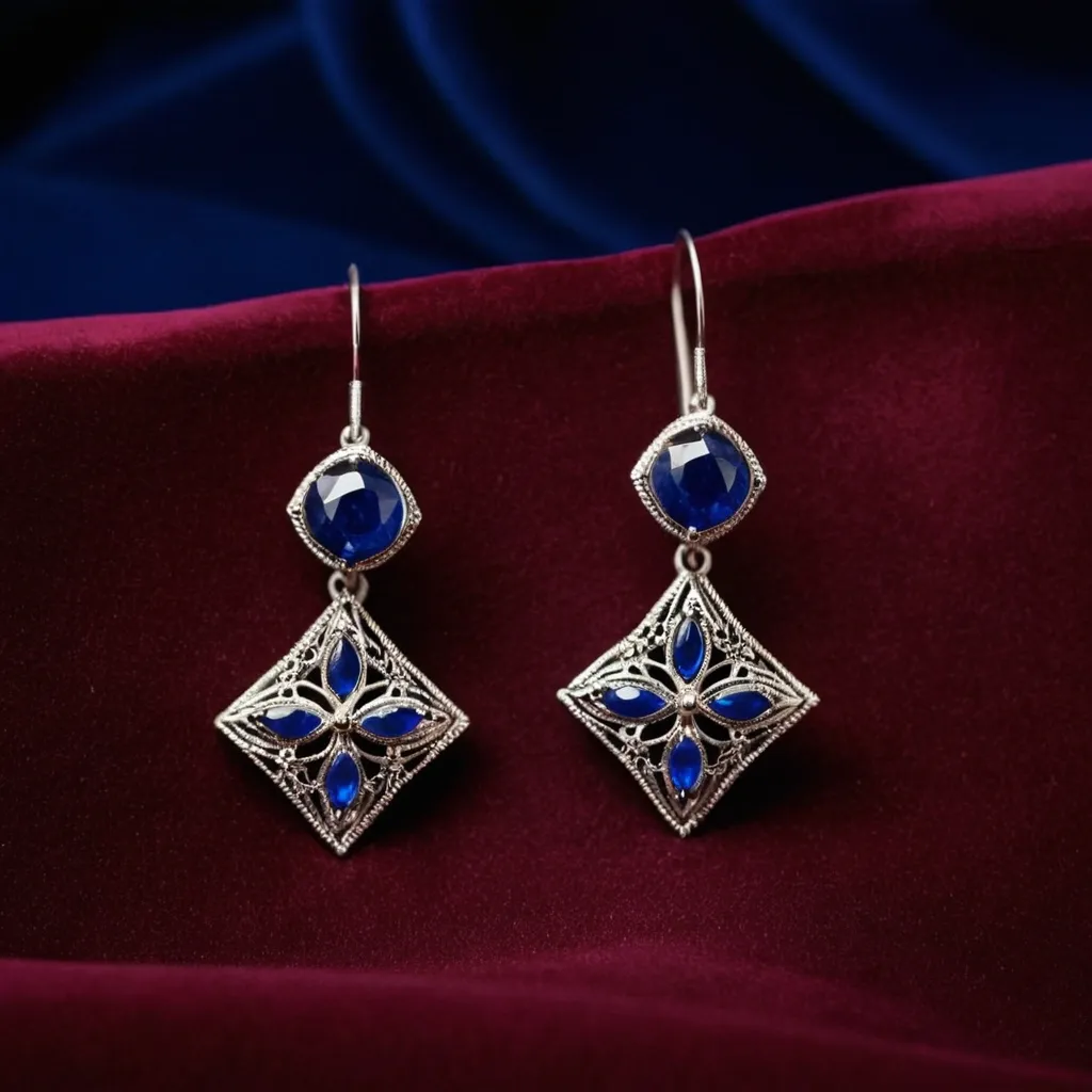 detailed photo of silver earrings with blue gem