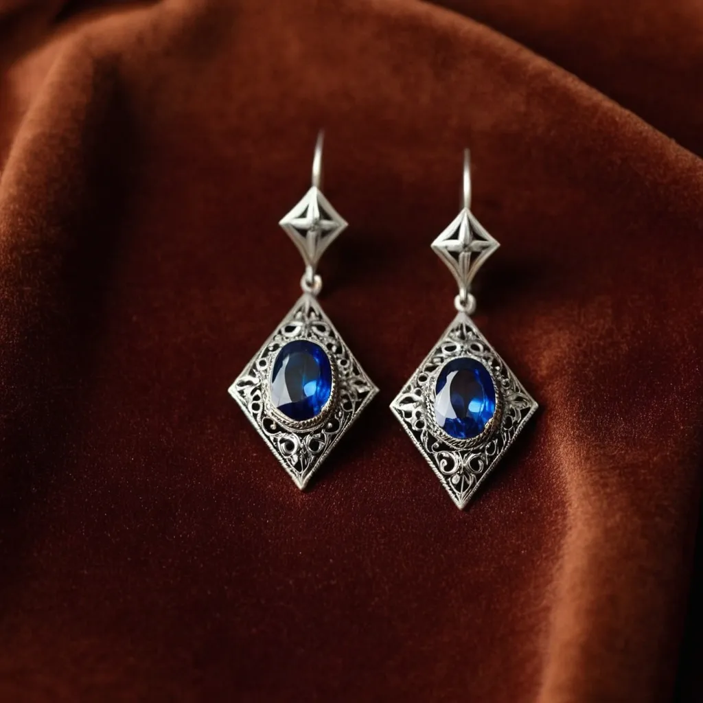 detailed photo of silver earrings with blue gem