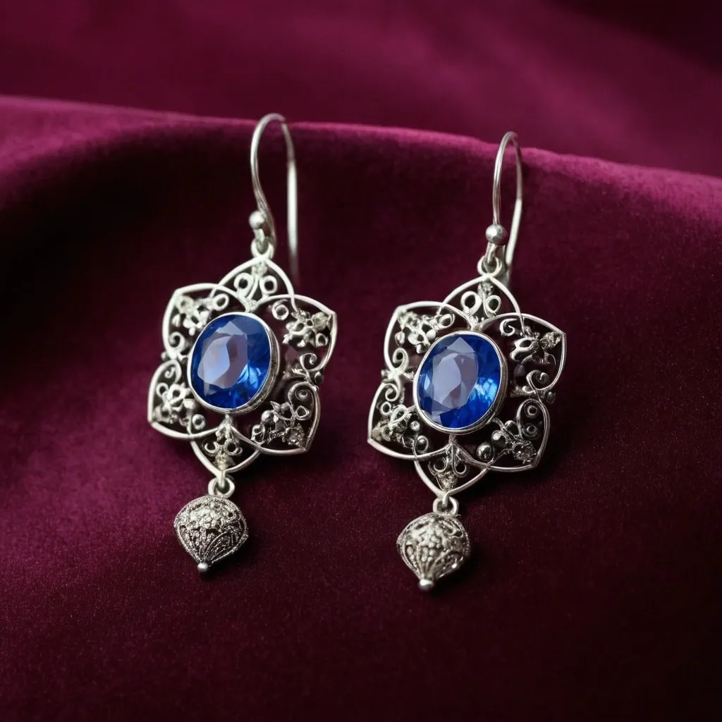 detailed photo of silver earrings with blue gem