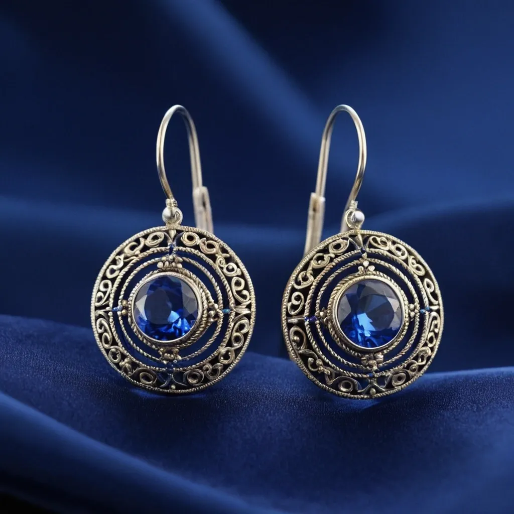 detailed photo of silver earrings with blue gem