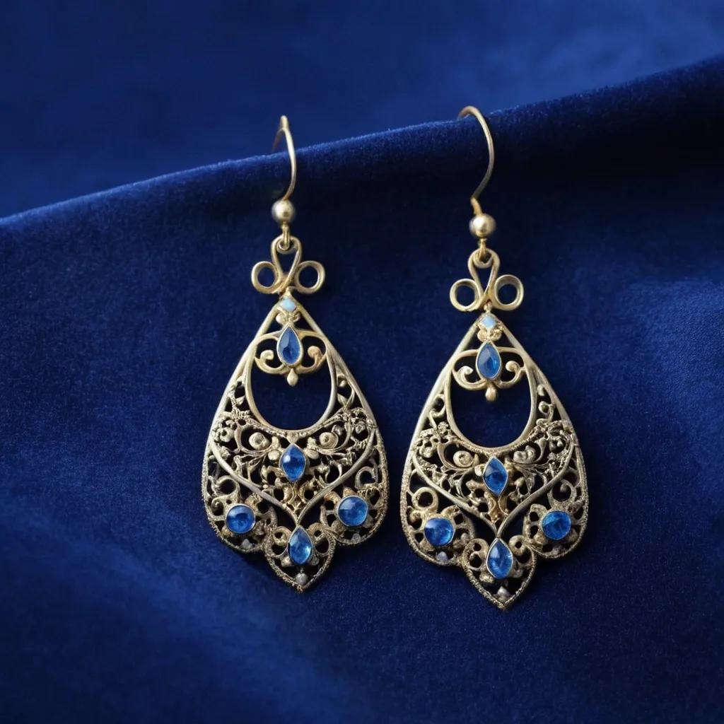 detailed photo of silver earrings with blue gem