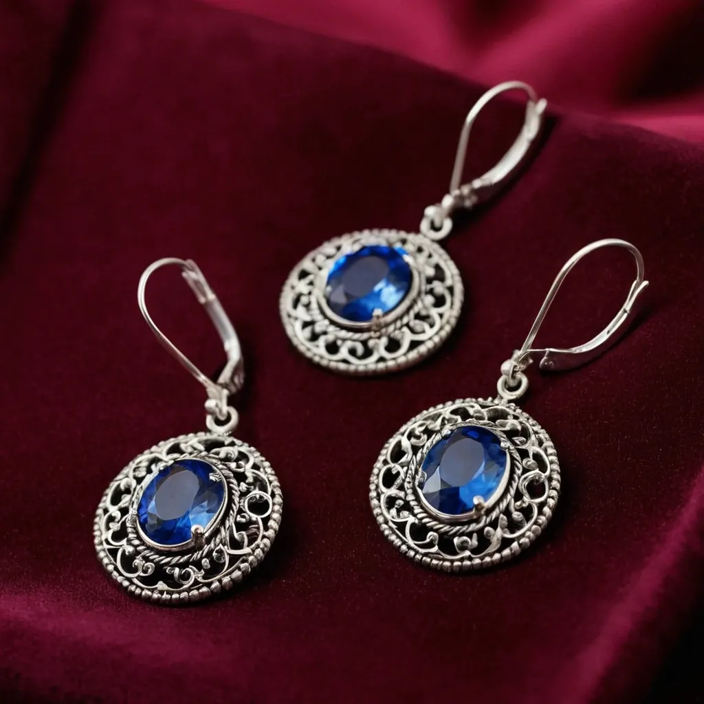 detailed photo of silver earrings with blue gem