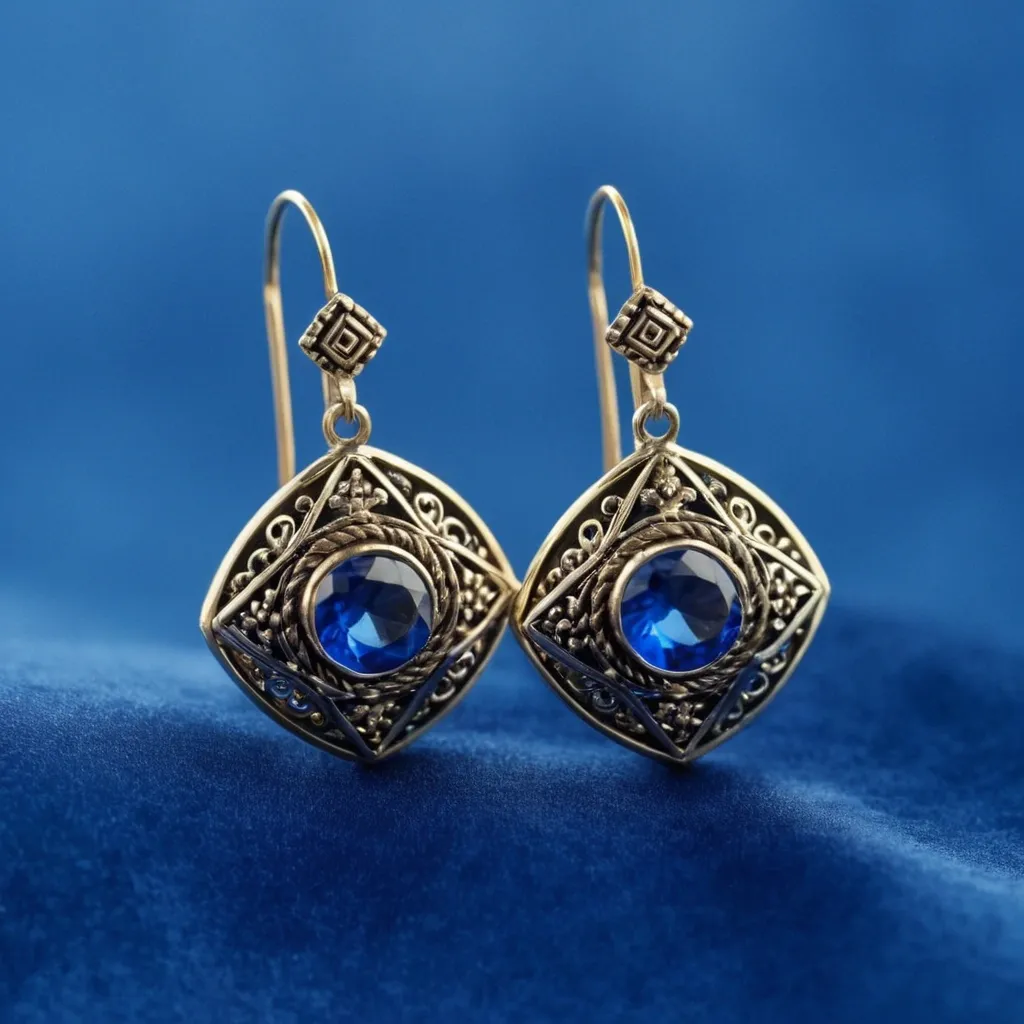 detailed photo of silver earrings with blue gem