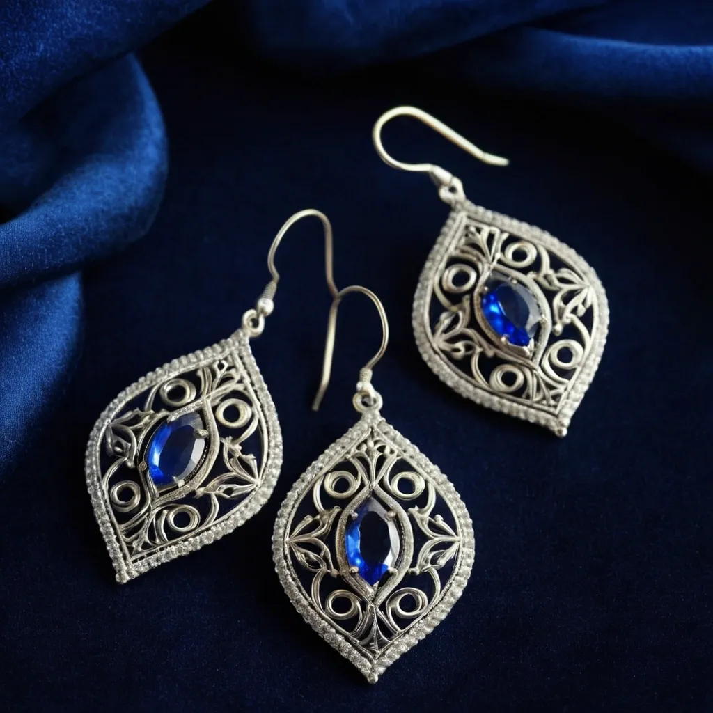 detailed photo of silver earrings with blue gem