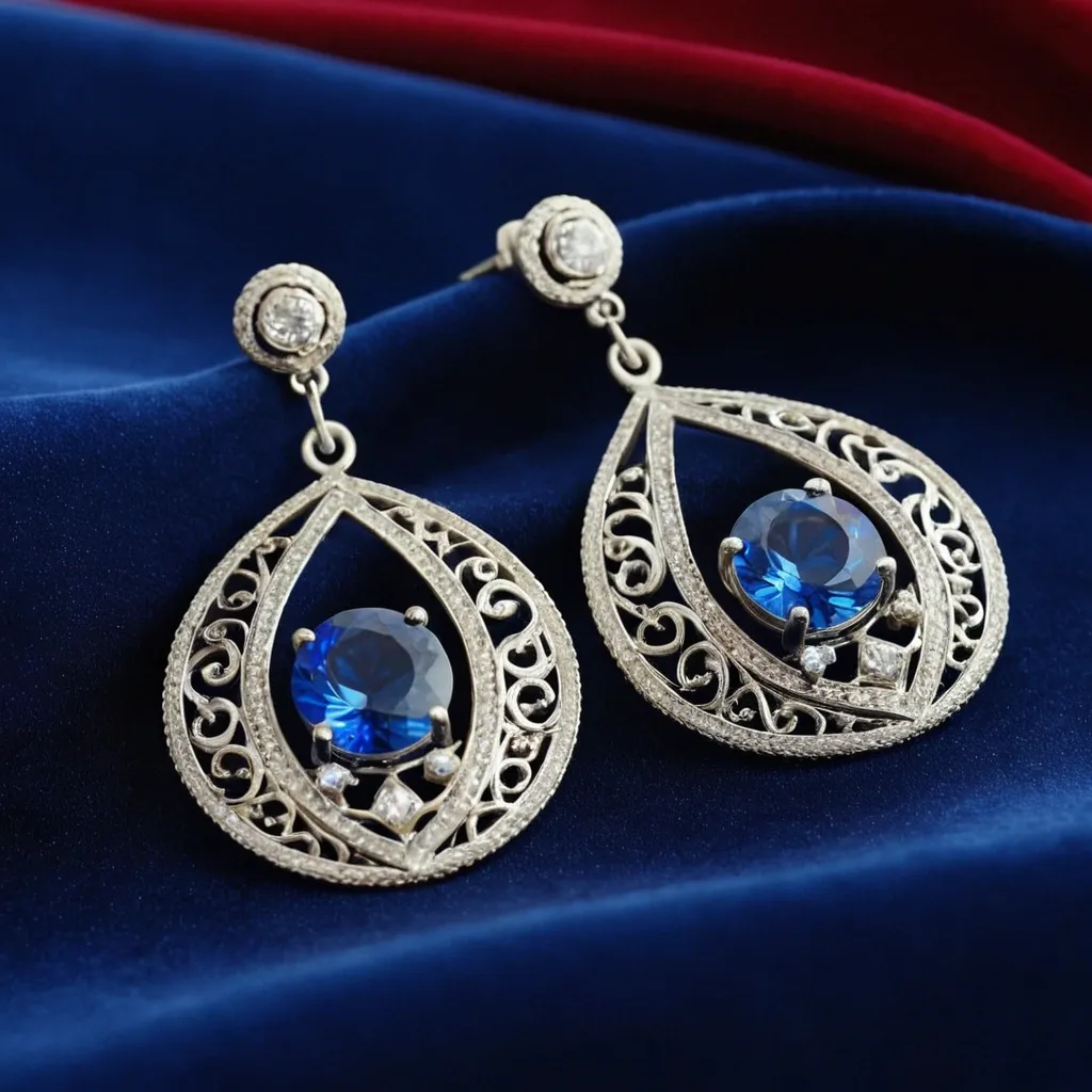 detailed photo of silver earrings with blue gem