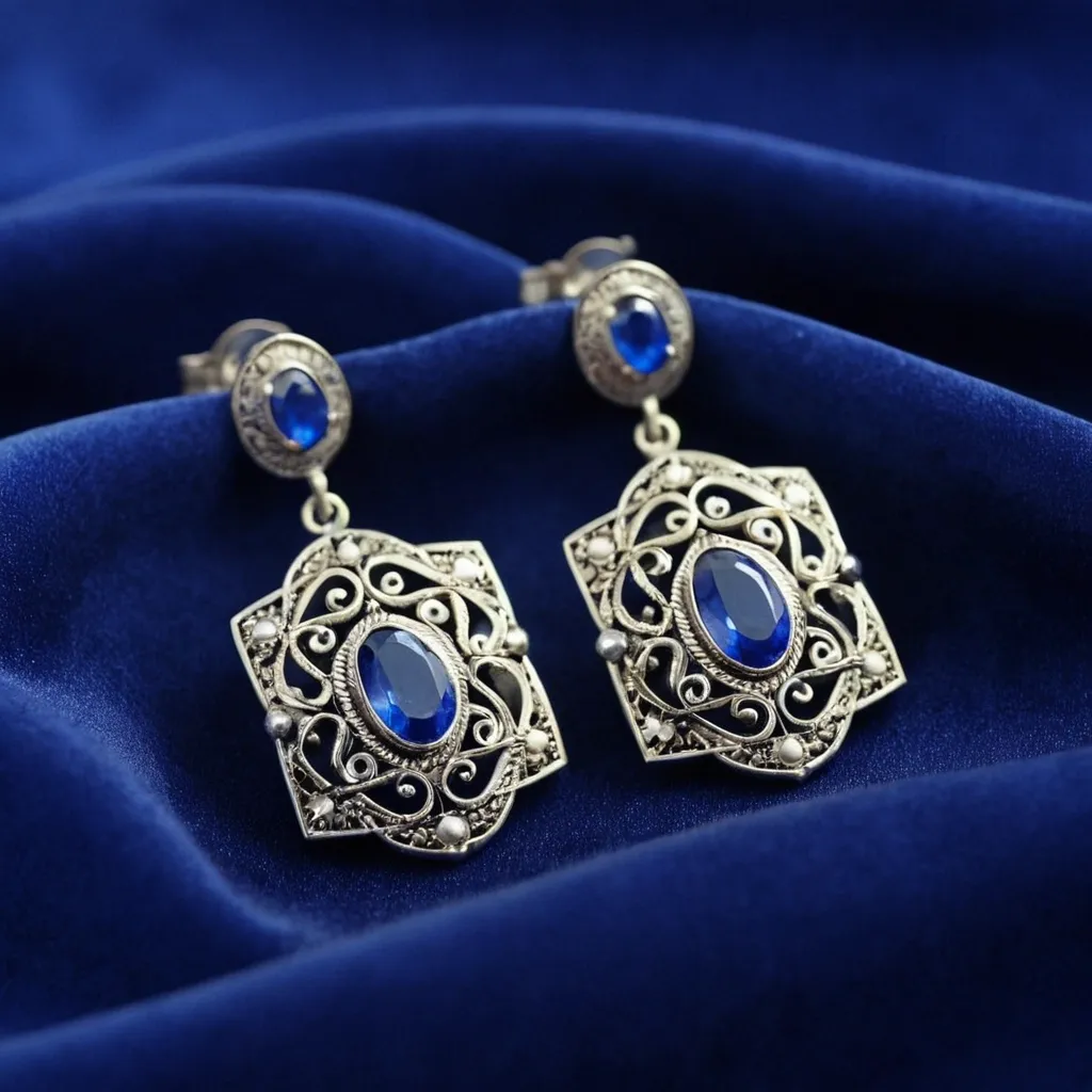 detailed photo of silver earrings with blue gem