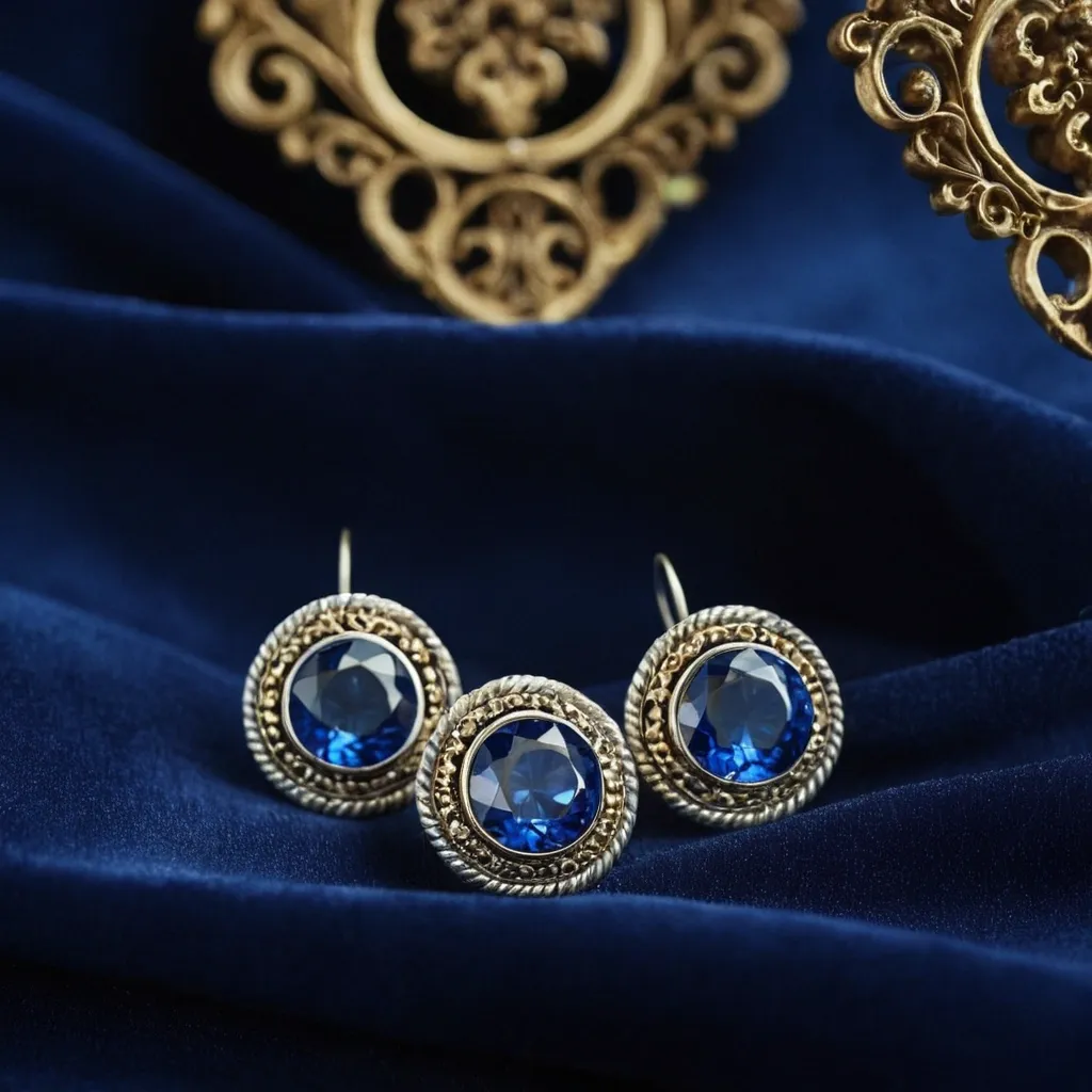detailed photo of silver earrings with blue gem