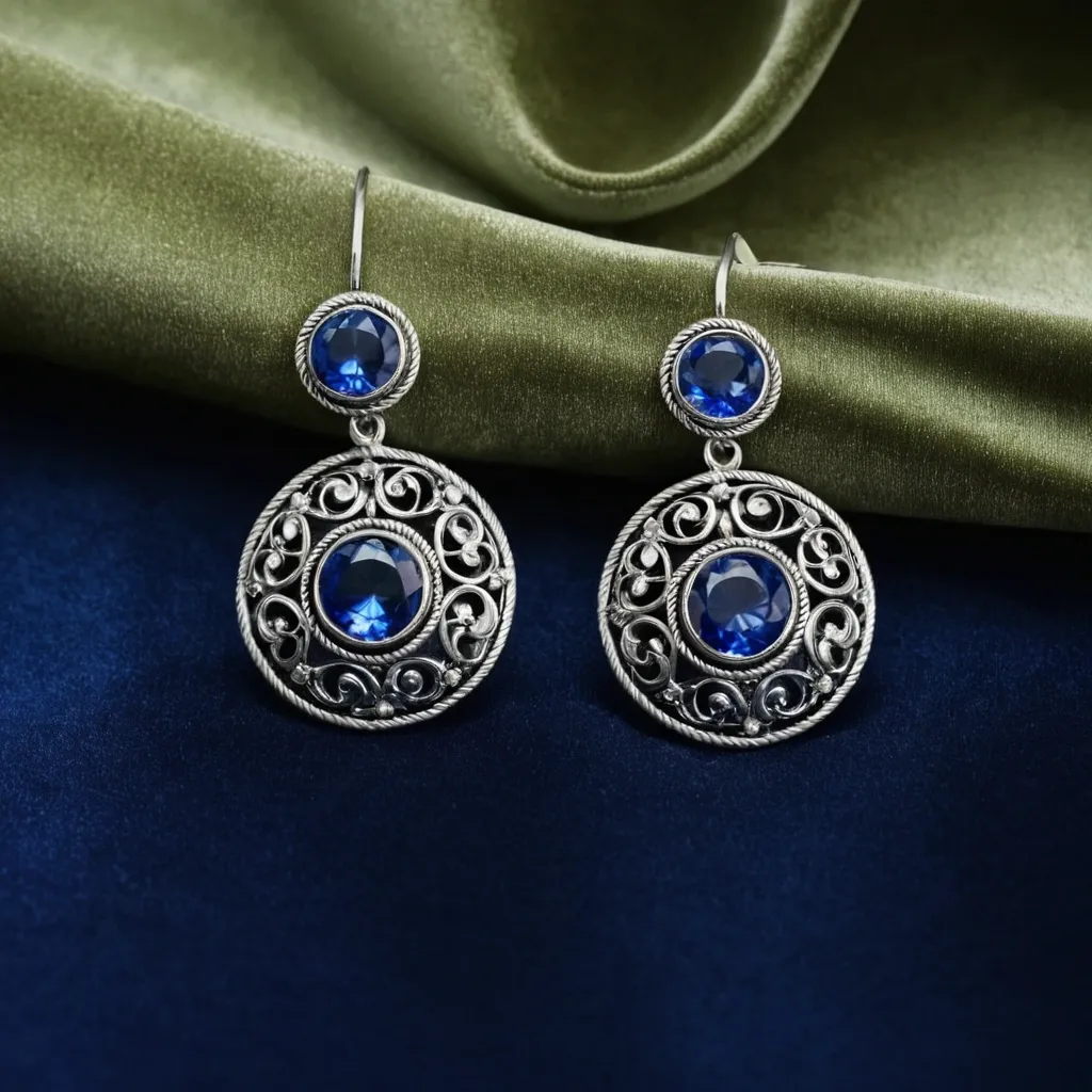 detailed photo of silver earrings with blue gem