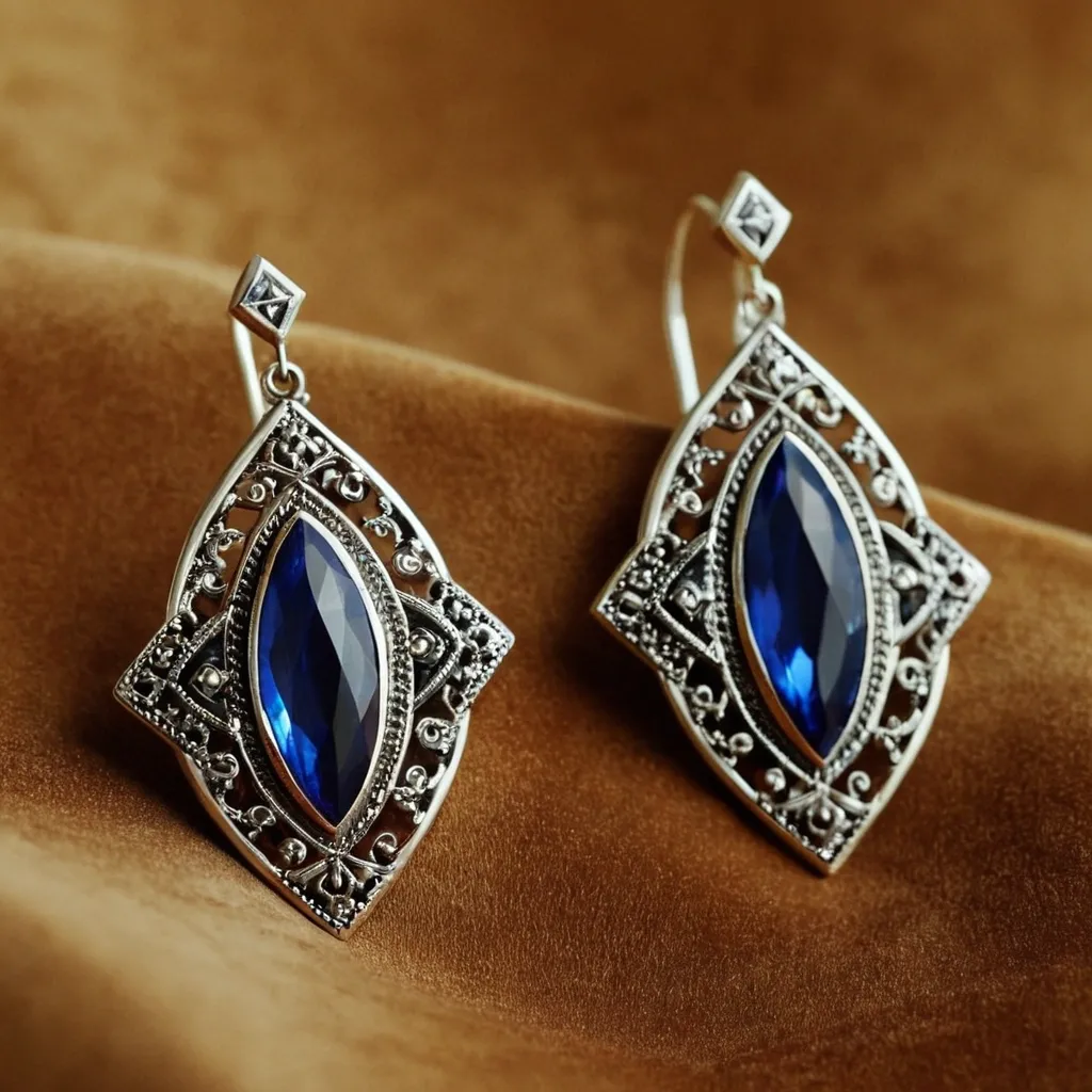 detailed photo of silver earrings with blue gem