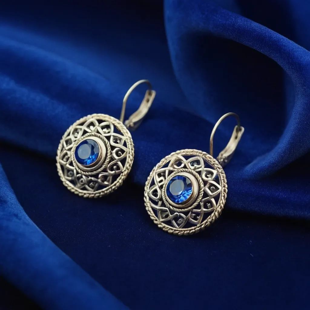 detailed photo of silver earrings with blue gem
