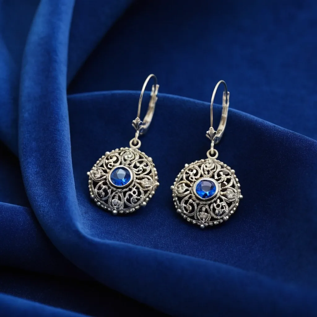 detailed photo of silver earrings with blue gem