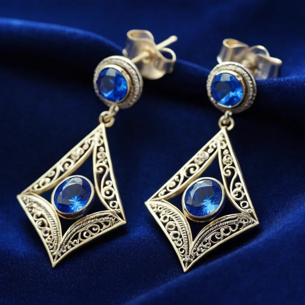 detailed photo of silver earrings with blue gem