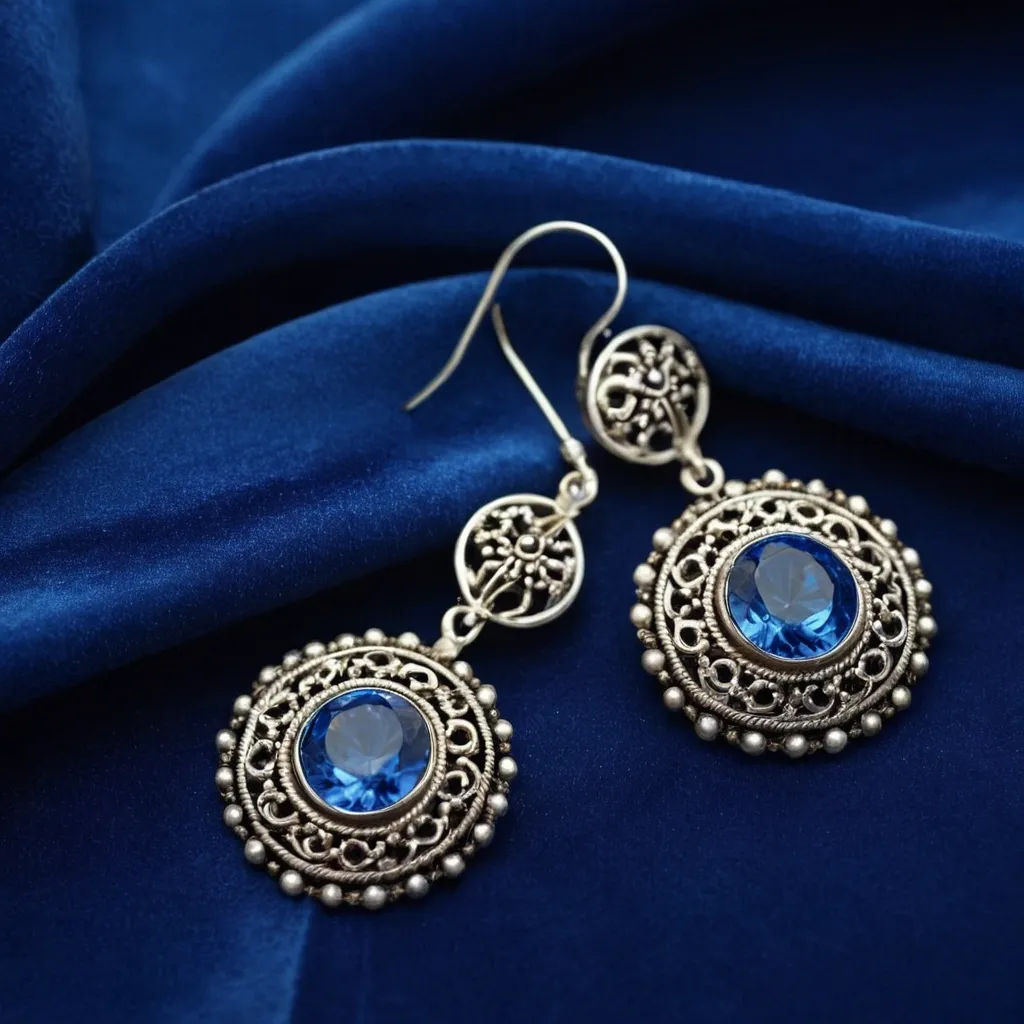 detailed photo of silver earrings with blue gem