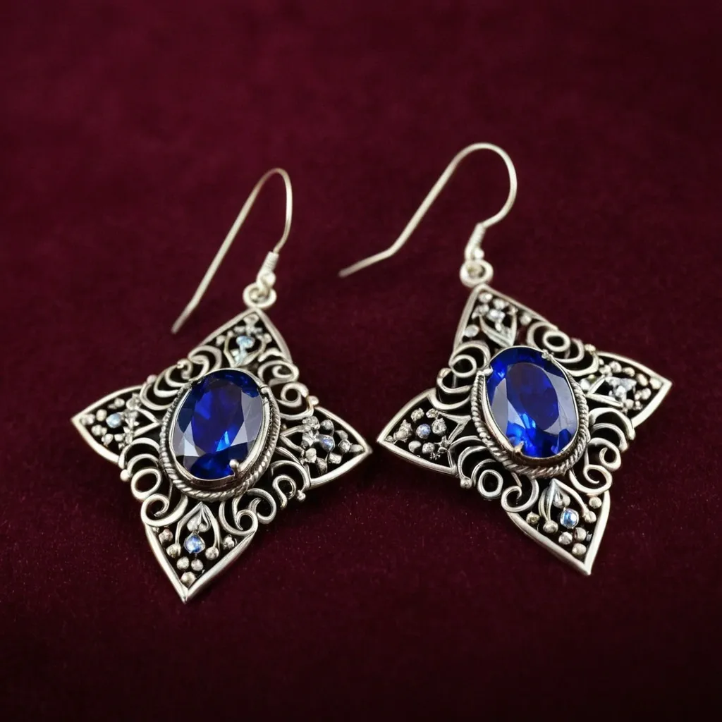 detailed photo of silver earrings with blue gem