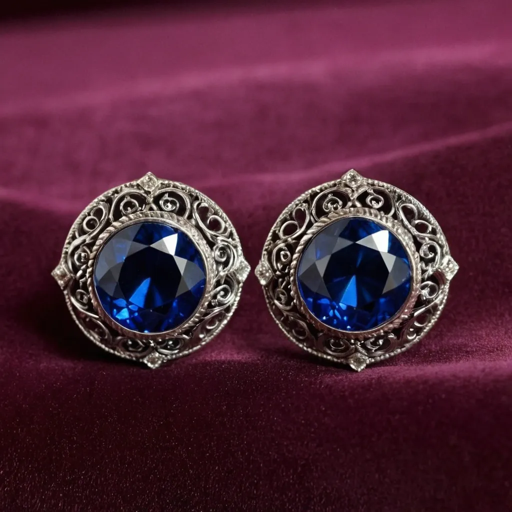 detailed photo of silver earrings with blue gem