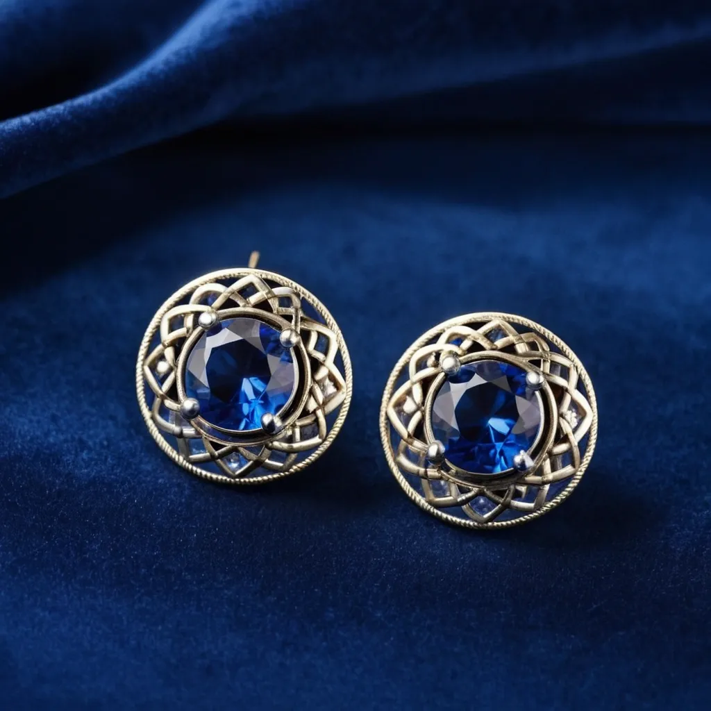 detailed photo of silver earrings with blue gem