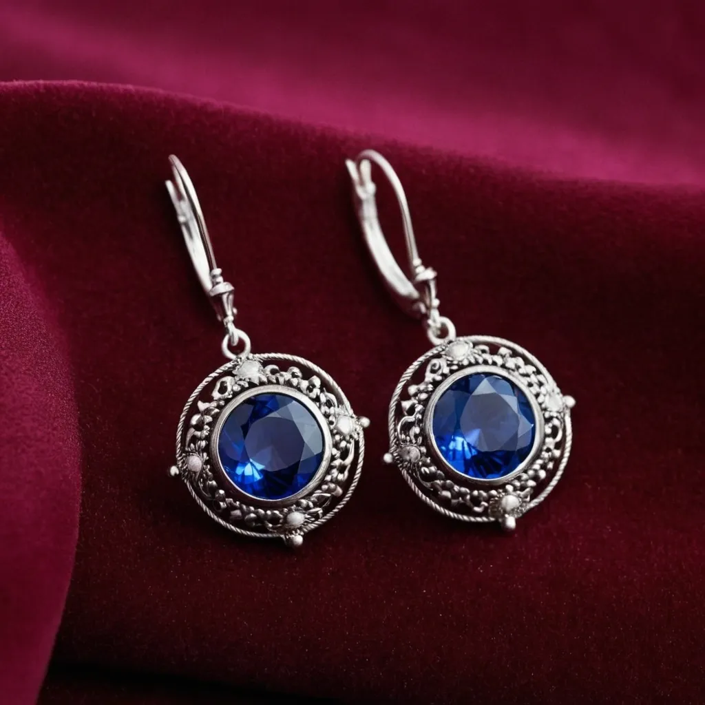 detailed photo of silver earrings with blue gem