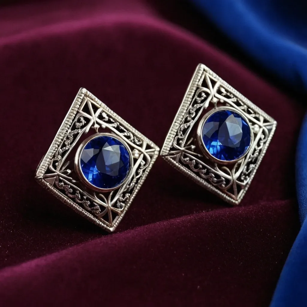 detailed photo of silver earrings with blue gem