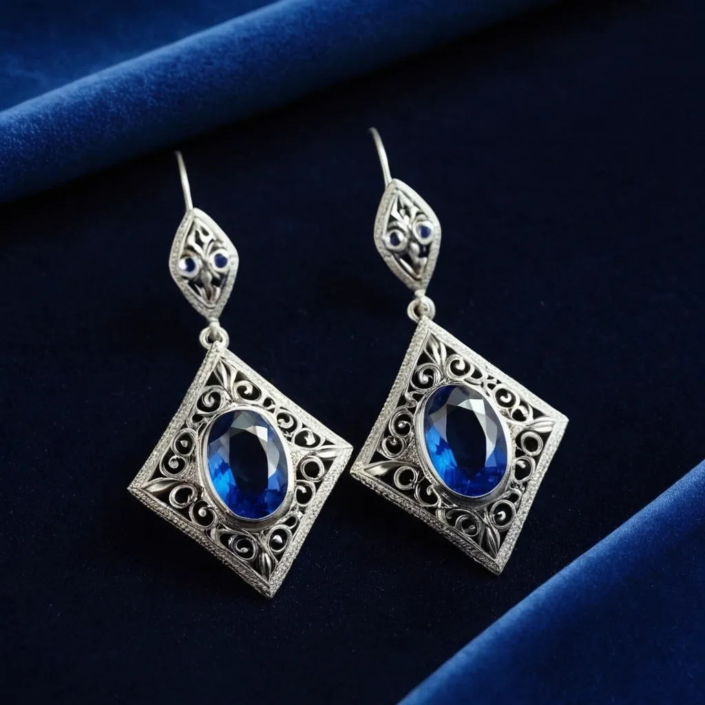 detailed photo of silver earrings with blue gem