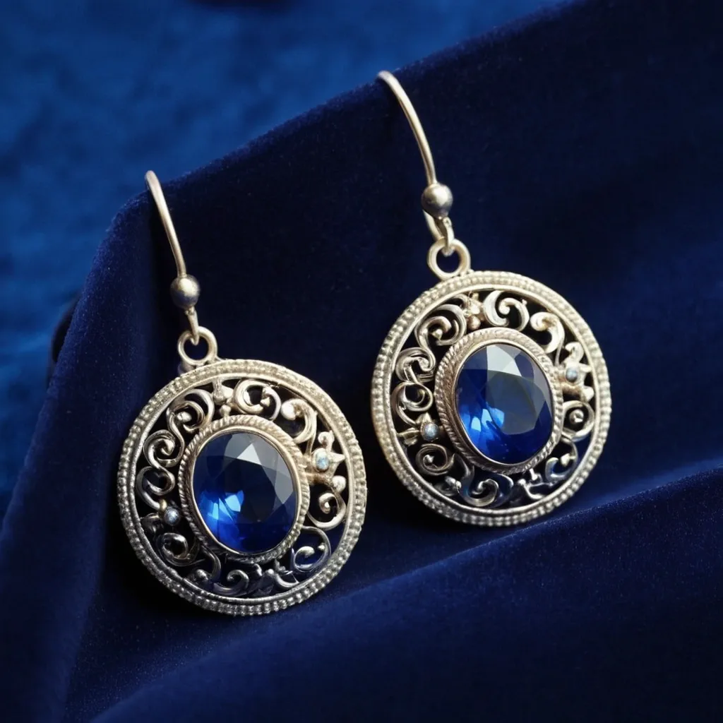 detailed photo of silver earrings with blue gem