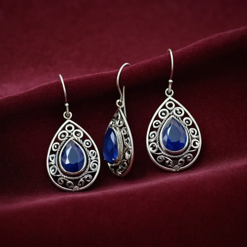 detailed photo of silver earrings with blue gem