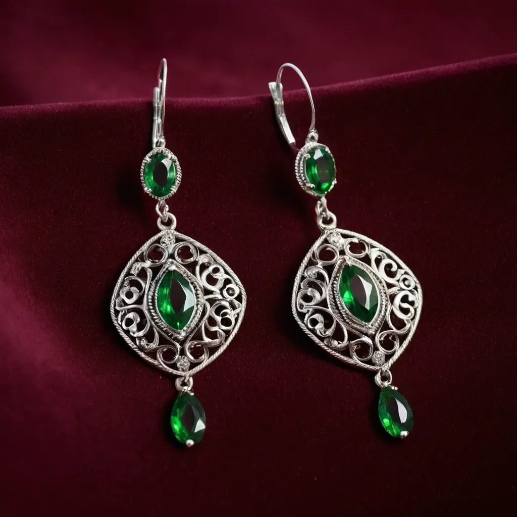 detailed photo of silver earrings with green gem