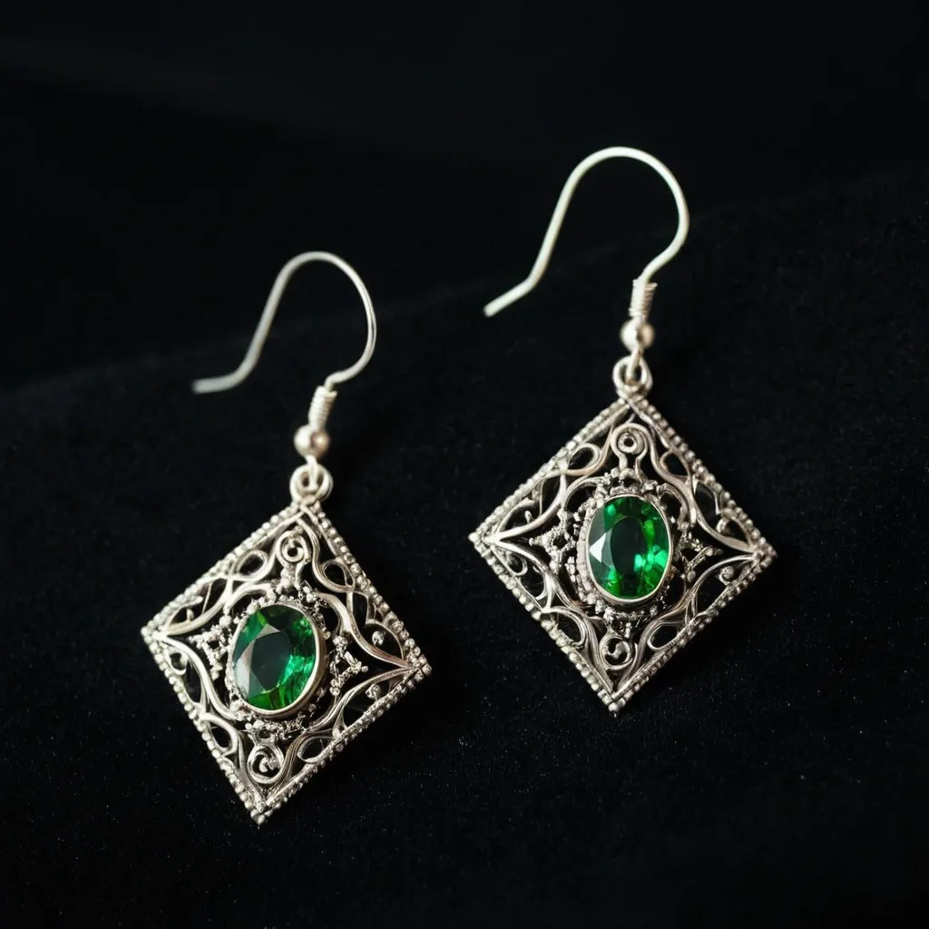 detailed photo of silver earrings with green gem