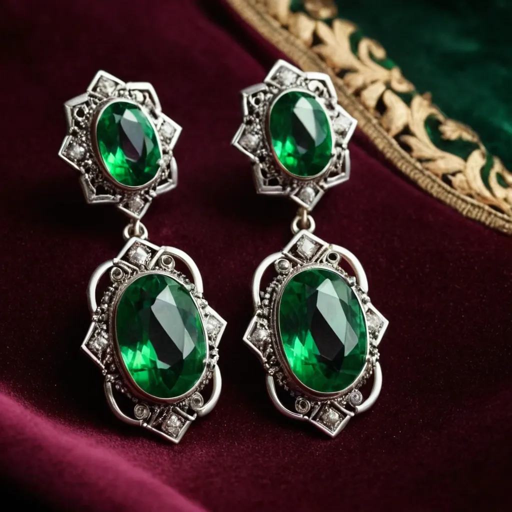 detailed photo of silver earrings with green gem