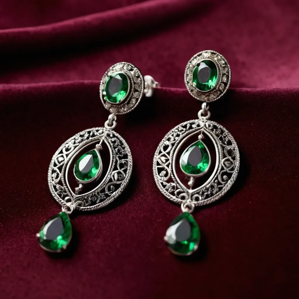 detailed photo of silver earrings with green gem