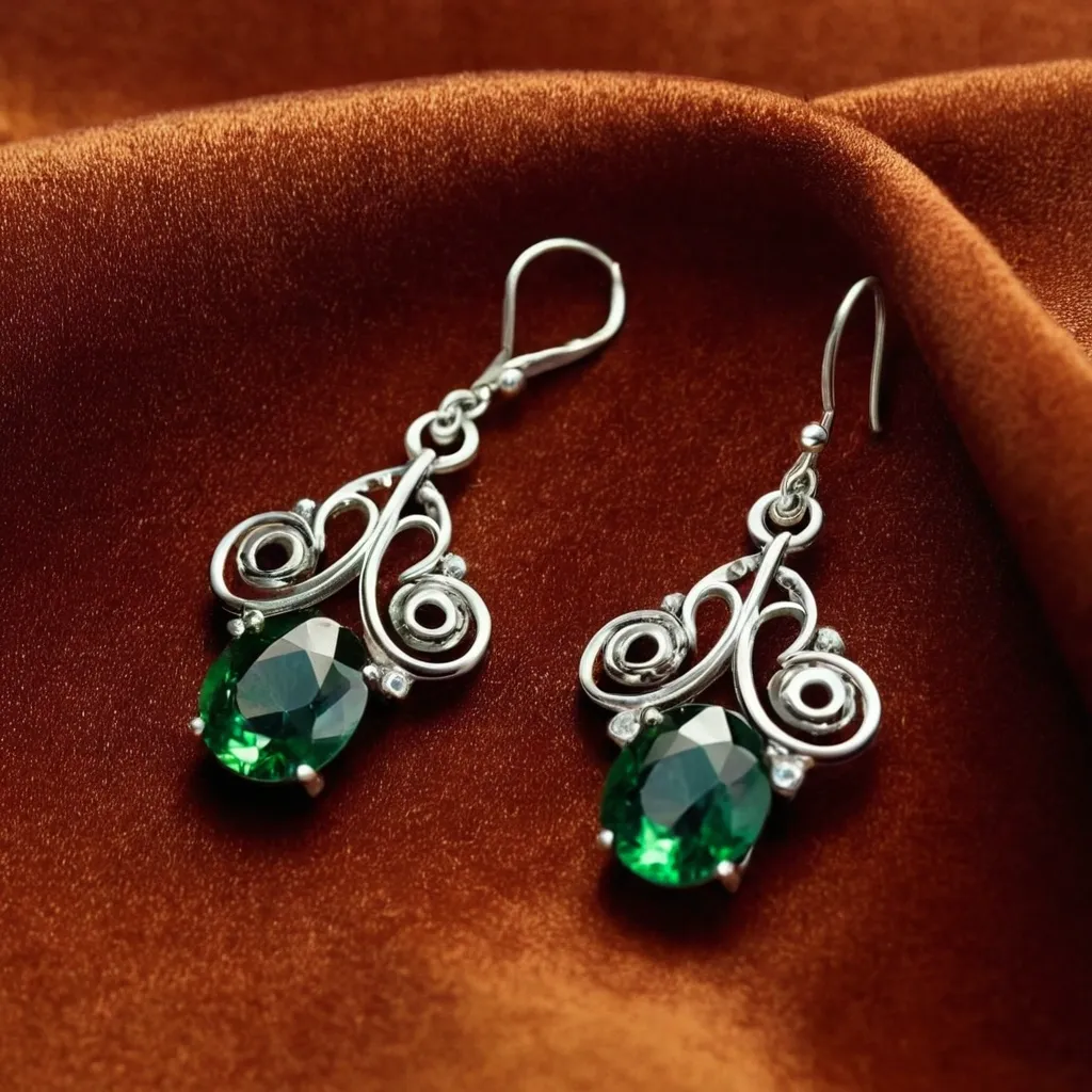 detailed photo of silver earrings with green gem